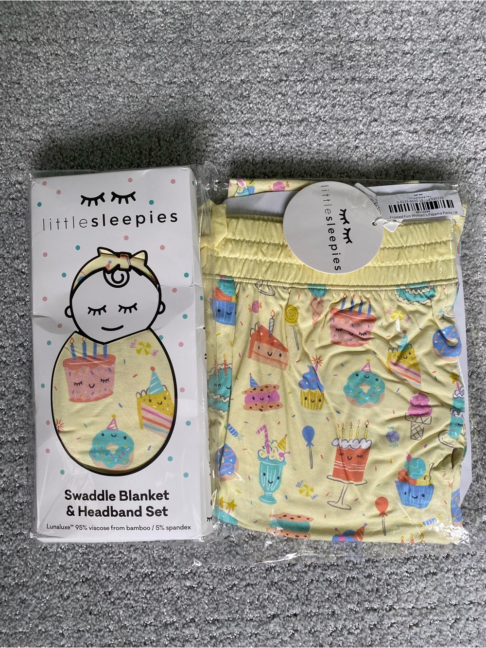 Little Sleepies Frosted Fun Swaddle Set & Women’s PJ Pants (M)